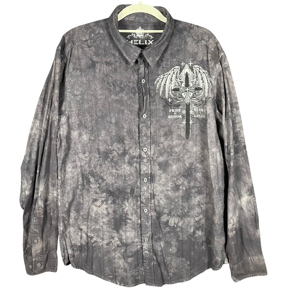 Helix Button Down Shirt Mens Large Gray Tie Dye Gothic Winged Cross Y2K Edgy